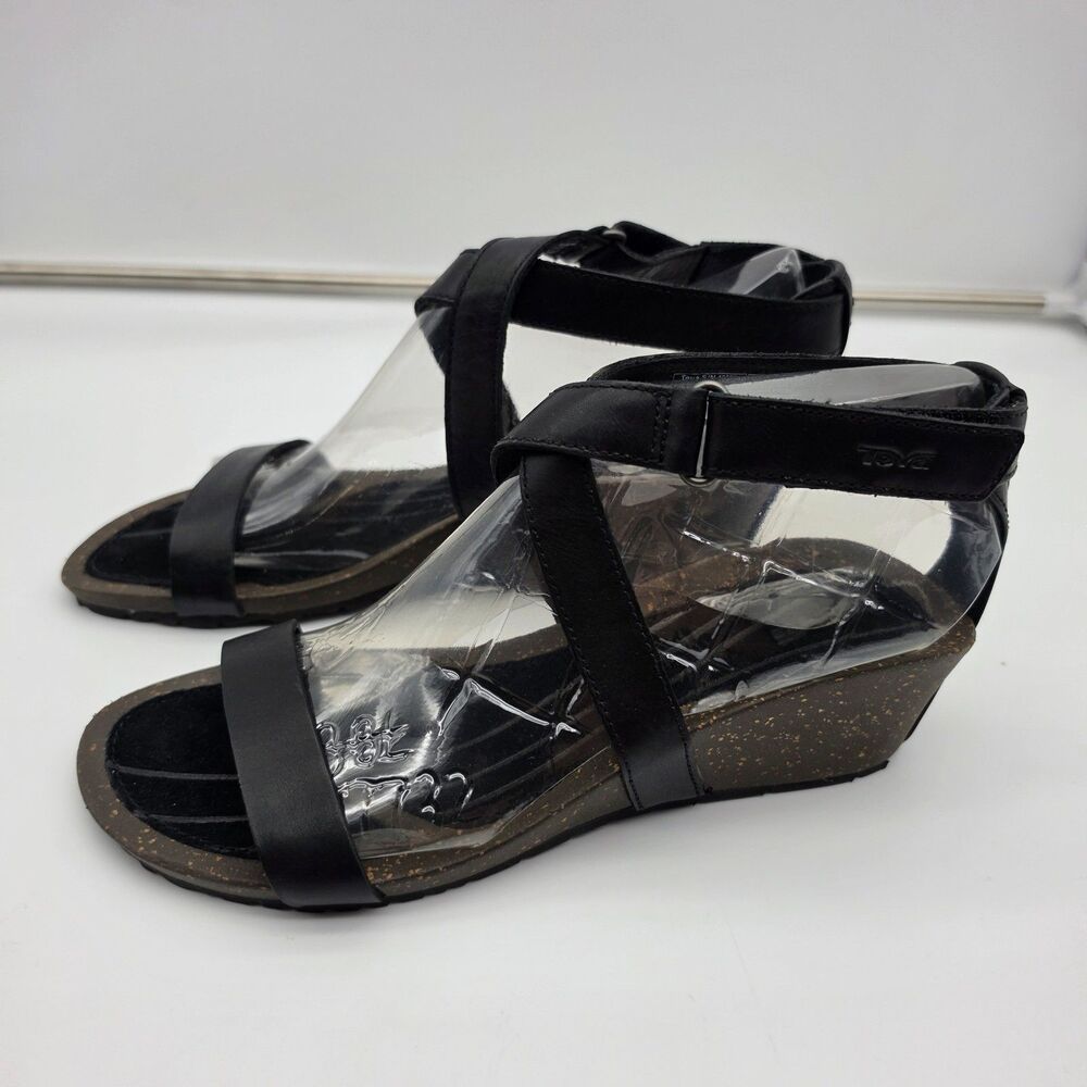 Teva Sandals Womens 8.5 M Strappy Black Leather Slip On Open Toe Wedge 1007732